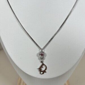 Christian Dior 'D' Logo Necklace with Pink Stone & Crystal Accents